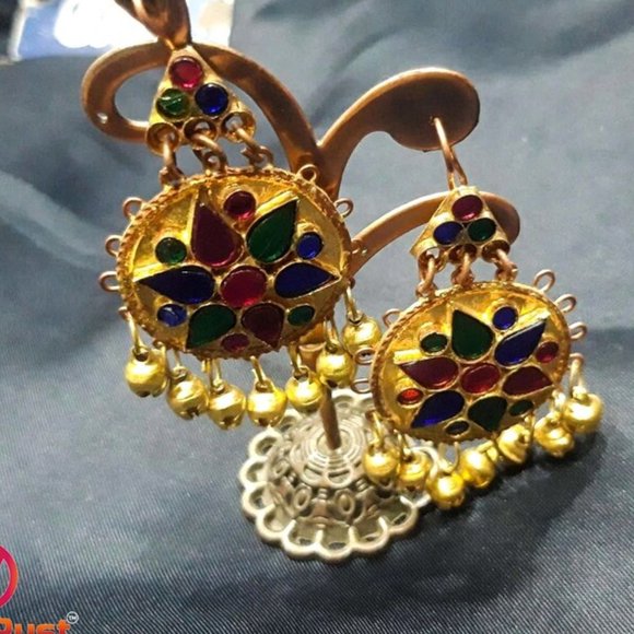 Golden Kuchi Dangle Earrings: Multicolor Glass Stone Tribal Jewelry - Picture 6 of 8